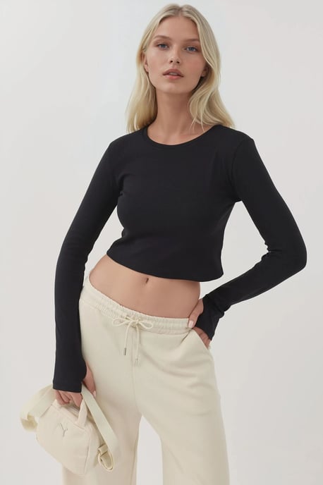 Elastisches Rundhals Langarm-Crop-Top - Image 1