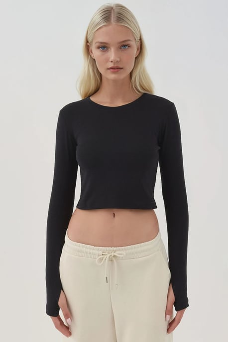 Elastisches Rundhals Langarm-Crop-Top - Image 6
