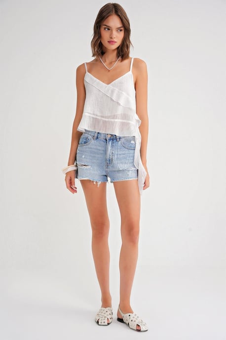 Rüschentexturiertes V-Ausschnitt-Crop-Top - Image 2