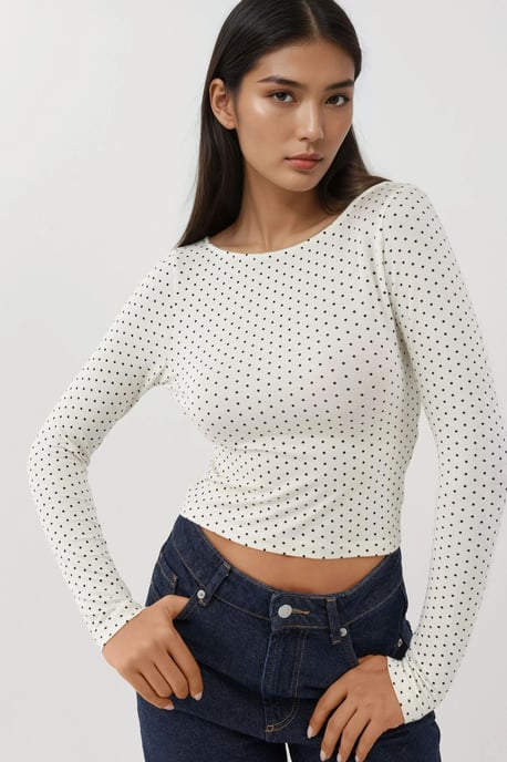 Offene Rückseite Polka Dot Langarm Enganliegendes Crop Top - Image 2