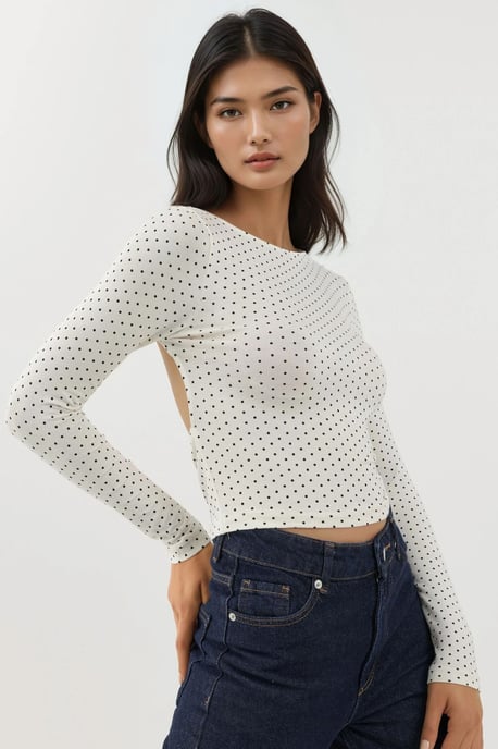 Offene Rückseite Polka Dot Langarm Enganliegendes Crop Top - Image 3