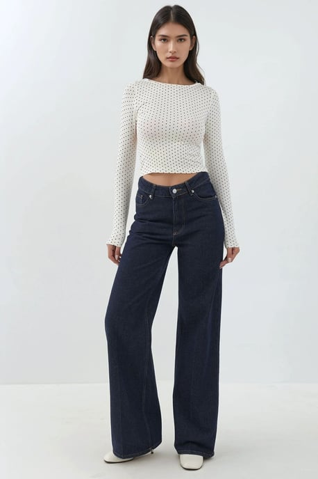 Offene Rückseite Polka Dot Langarm Enganliegendes Crop Top - Image 4