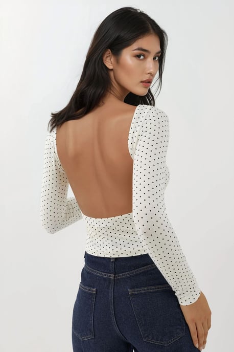 Offene Rückseite Polka Dot Langarm Enganliegendes Crop Top - Image 6