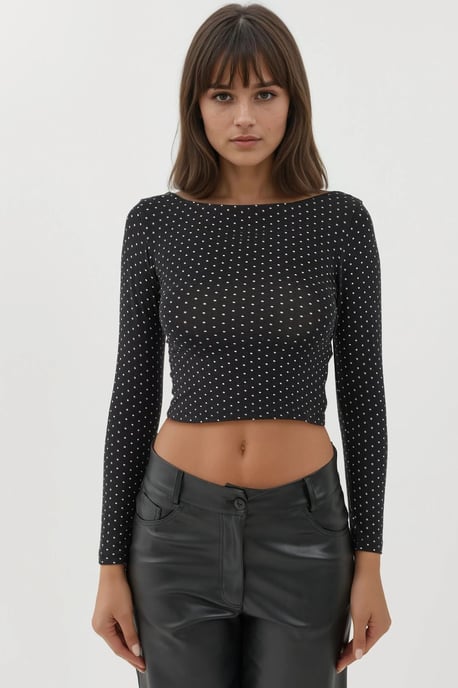 Offene Rücken Polka Dot Langarm Eng anliegendes Crop Top - Image 2