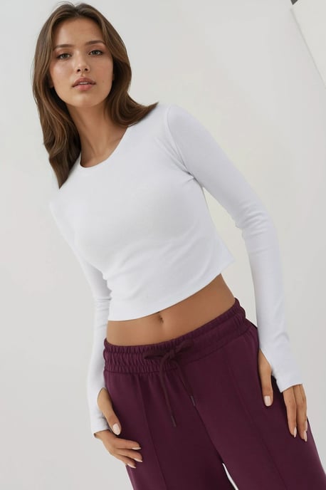 Elastisches Rundhals Langarm-Crop-Top - Image 1
