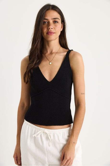 Eingeschnittenes V-Ausschnitt Rippstrick Cropped Top - Image 2