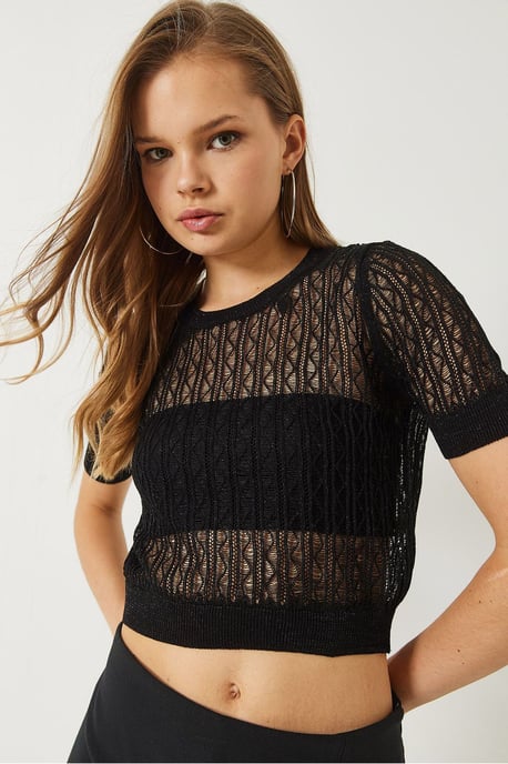 Spitzenmuster Cropped Top mit Rundhalsausschnitt - Image 3