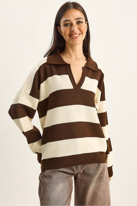 Gestreifter V-Ausschnitt Langarm-Pullover - Image 1