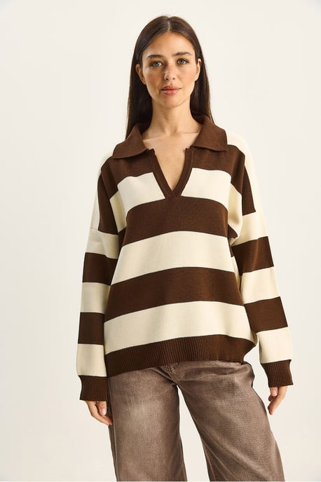 Gestreifter V-Ausschnitt Langarm-Pullover - Image 2