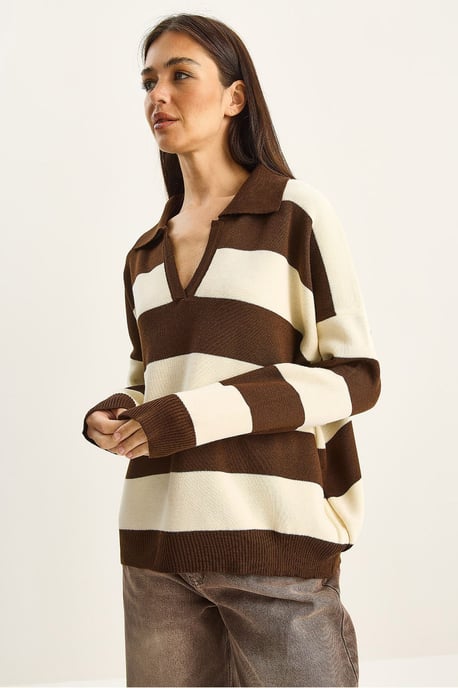 Gestreifter V-Ausschnitt Langarm-Pullover - Image 3