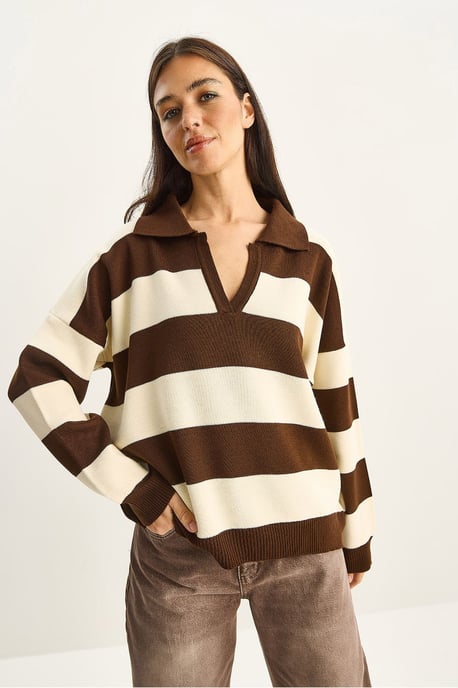 Gestreifter V-Ausschnitt Langarm-Pullover - Image 4