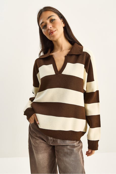 Gestreifter V-Ausschnitt Langarm-Pullover - Image 5