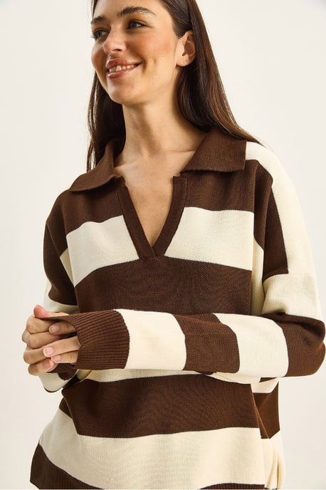 Gestreifter V-Ausschnitt Langarm-Pullover - Image 6