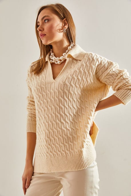 Strukturierter V-Ausschnitt Strickpullover - Image 3