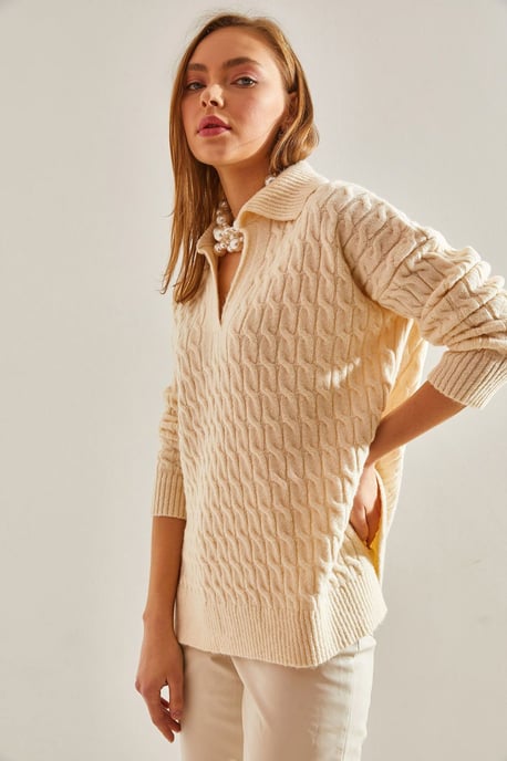 Strukturierter V-Ausschnitt Strickpullover - Image 4