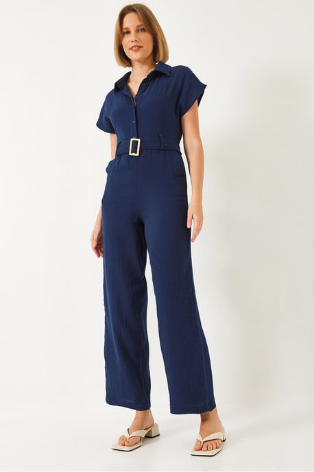 Langer Popeline-Jumpsuit mit Hemdkragen und Knopfverschluss - Image 1