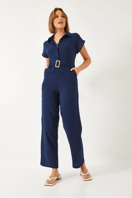 Langer Popeline-Jumpsuit mit Hemdkragen und Knopfverschluss - Image 3