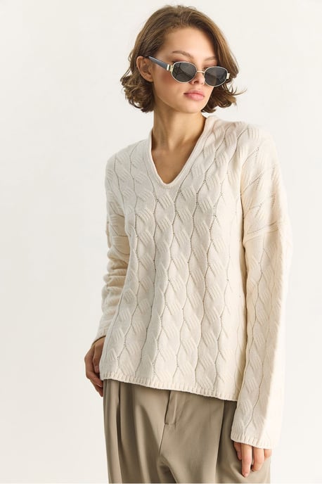Lässiger V-Ausschnitt Strukturstrickpullover - Image 2