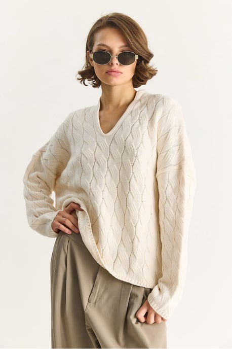 Lässiger V-Ausschnitt Strukturstrickpullover - Image 3