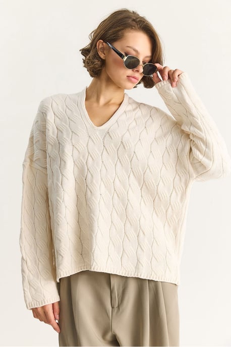 Lässiger V-Ausschnitt Strukturstrickpullover - Image 5