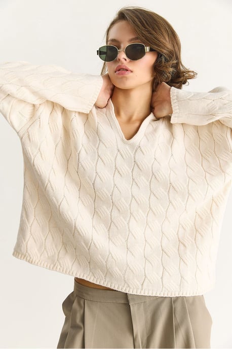 Lässiger V-Ausschnitt Strukturstrickpullover - Image 6
