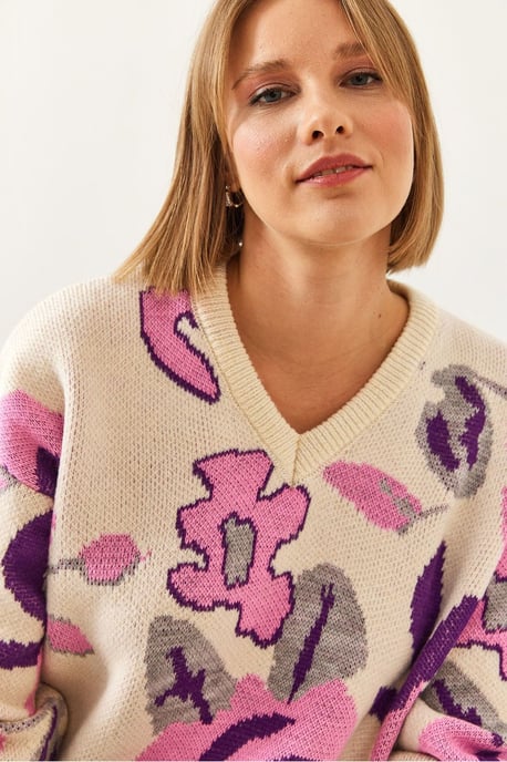 Lockerer Schnitt V-Ausschnitt Blumiger Strickpullover - Image 2