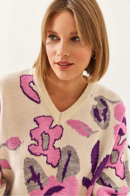 Lockerer Schnitt V-Ausschnitt Blumiger Strickpullover - Image 3