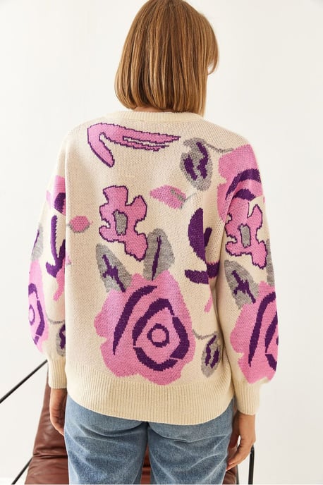 Lockerer Schnitt V-Ausschnitt Blumiger Strickpullover - Image 4