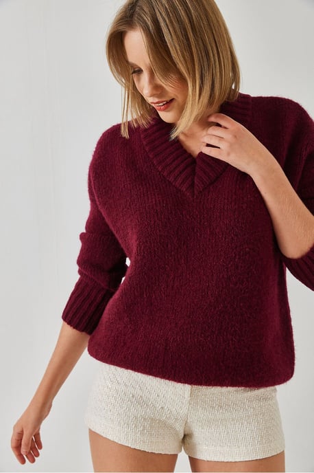 Lässiger V-Ausschnitt Rippstrickpullover - Image 1