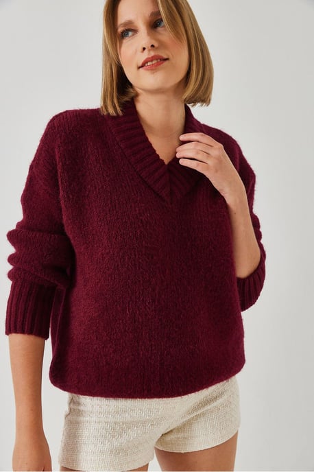Lässiger V-Ausschnitt Rippstrickpullover - Image 2