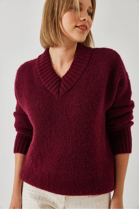 Lässiger V-Ausschnitt Rippstrickpullover - Image 3