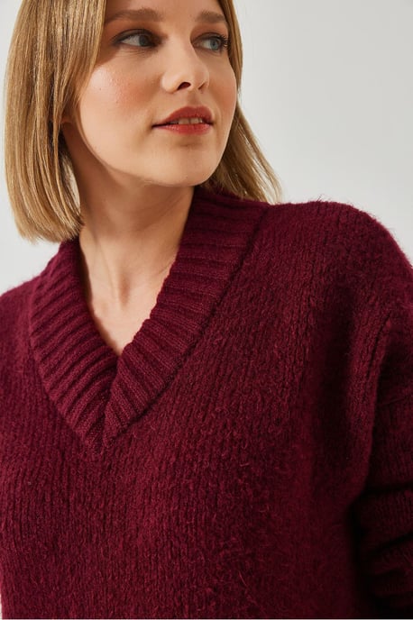 Lässiger V-Ausschnitt Rippstrickpullover - Image 4