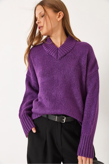 Lässiger V-Ausschnitt Rippstrickpullover - Image 1