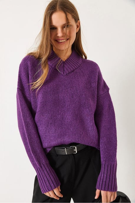 Lässiger V-Ausschnitt Rippstrickpullover - Image 3