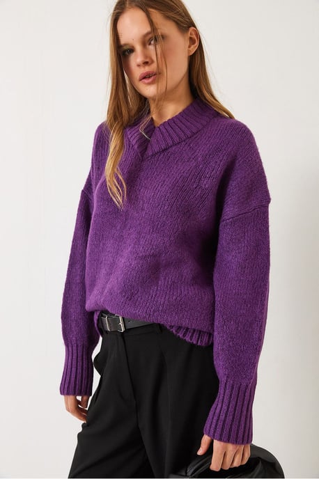 Lässiger V-Ausschnitt Rippstrickpullover - Image 4