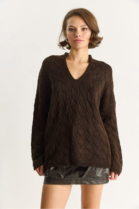 Lässiger V-Ausschnitt Pullover mit strukturiertem Strick - Image 2
