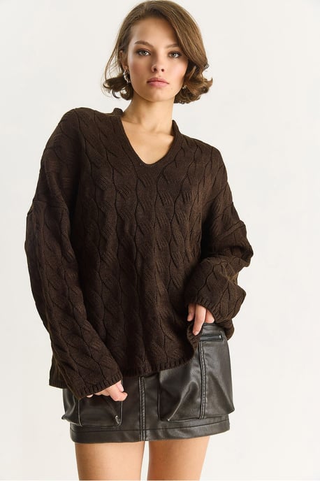 Lässiger V-Ausschnitt Pullover mit strukturiertem Strick - Image 3