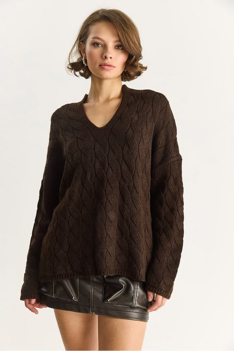 Lässiger V-Ausschnitt Pullover mit strukturiertem Strick - Image 4