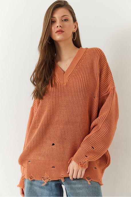 Oversized V-Ausschnitt Zerstörter Strickpullover - Image 2