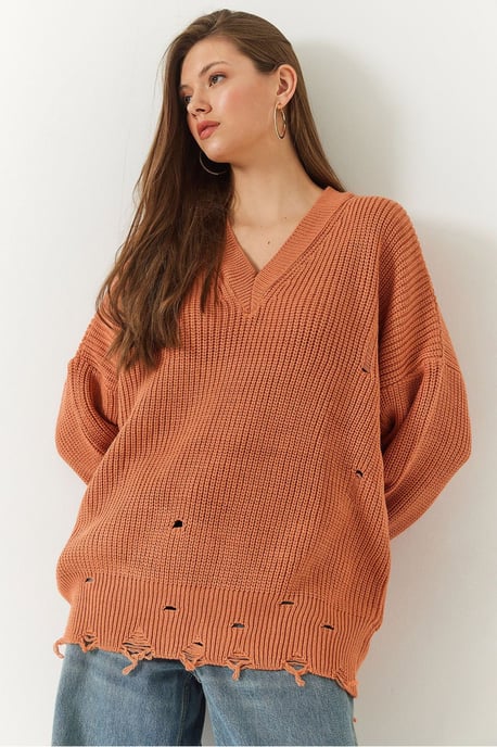 Oversized V-Ausschnitt Zerstörter Strickpullover - Image 3