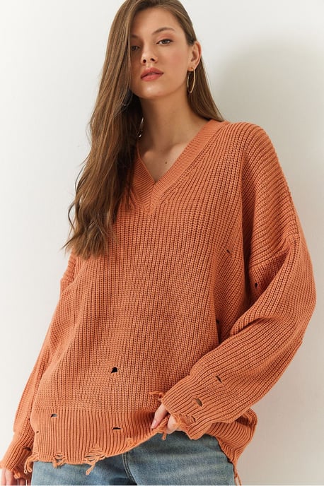 Oversized V-Ausschnitt Zerstörter Strickpullover - Image 4