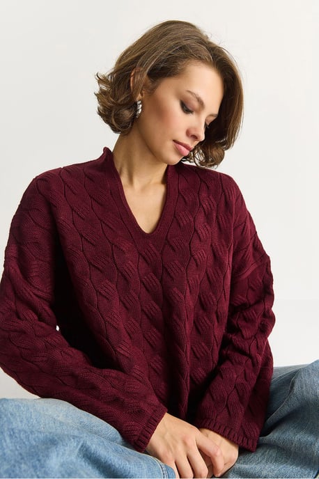 Lässiger V-Ausschnitt Strukturstrickpullover - Image 2