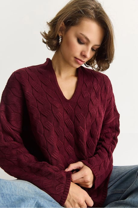 Lässiger V-Ausschnitt Strukturstrickpullover - Image 3