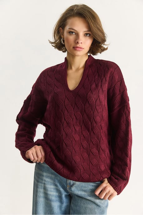 Lässiger V-Ausschnitt Strukturstrickpullover - Image 4