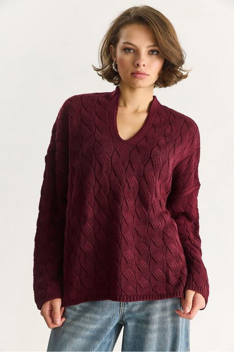 Lässiger V-Ausschnitt Strukturstrickpullover - Image 5
