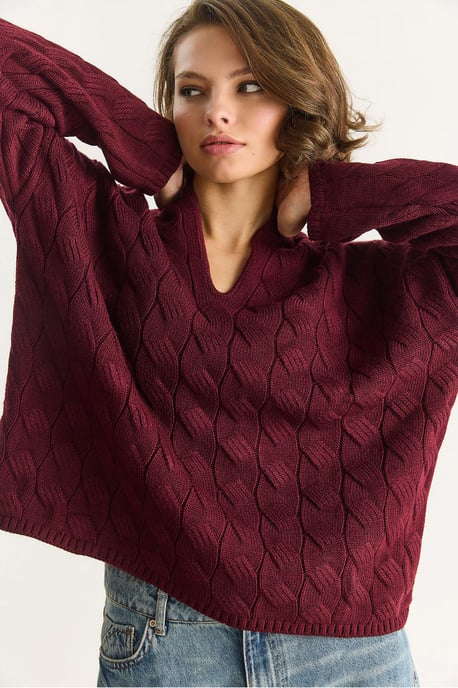 Lässiger V-Ausschnitt Strukturstrickpullover - Image 6