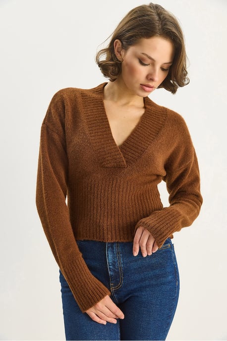 Rippstrick V-Ausschnitt Slim Fit Crop Pullover - Image 2