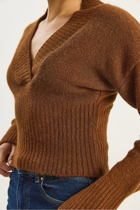 Rippstrick V-Ausschnitt Slim Fit Crop Pullover - Image 5
