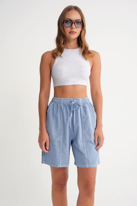 Hohe Taillen Baumwollkordelzug Mini-Shorts - Image 2