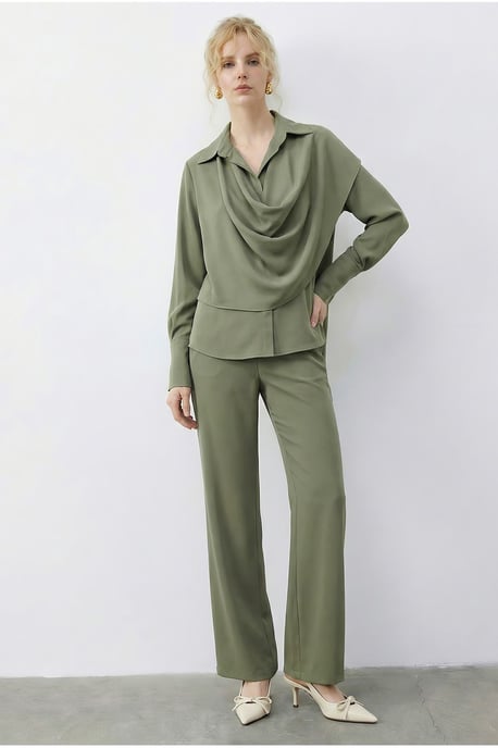 Schal-Detaillierte Bluse und Hochtaillierte Weite Hosen Zwei-Teiliges Set - Image 1